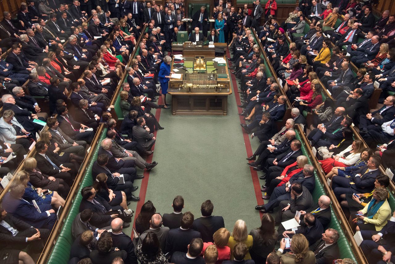 Premier May voorafgaand aan de stemming over de motie van wantrouwen tegen haar.