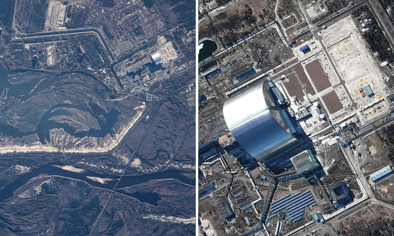 Links: Satellietfoto uit 2018, met geheel rechtsboven de kerncentrale van Tsjernobyl. Rechts: een satellietfoto van maart 2022, van satellietbedrijf Maxar, waarop de centrale veel groter en scherper te zien is.