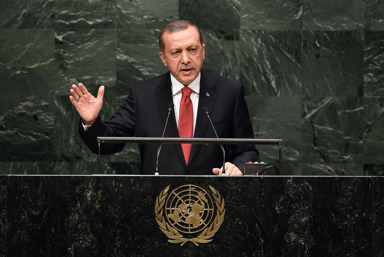 De Turkse president Recep Erdogan tijdens zijn toespraak voor de Algemene Vergadering van de Verenigde Naties vorige week.