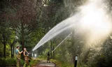 Brandweermensen in natuurgebied Boschhuizerbergen ten oosten van Venray. 