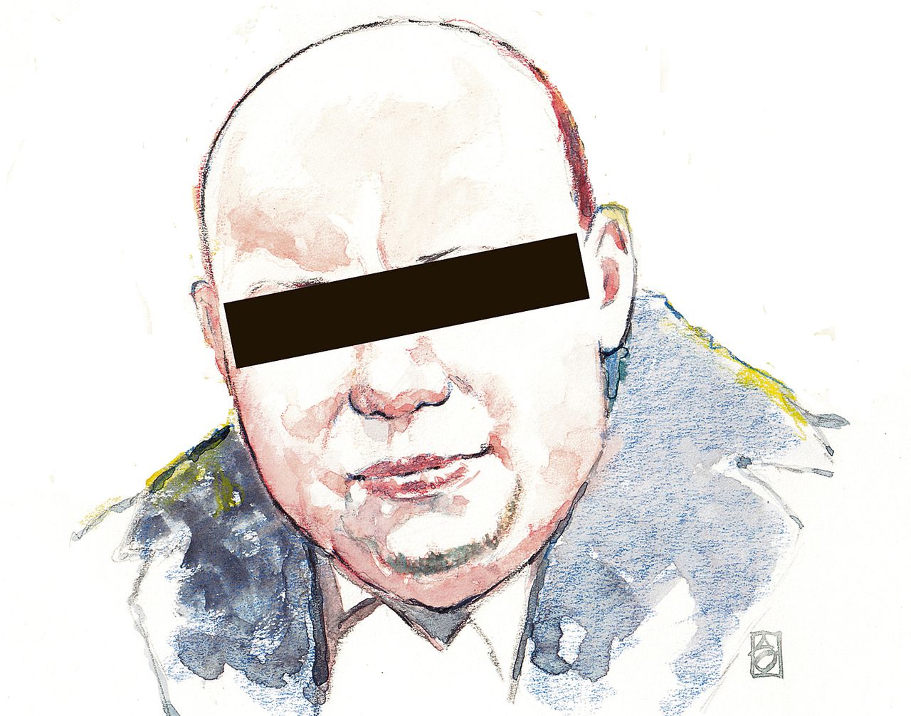 Aquarel van Mark M., de Weertse politieagent die ervan wordt verdacht gevoelige informatie te hebben verkocht aan criminelen.