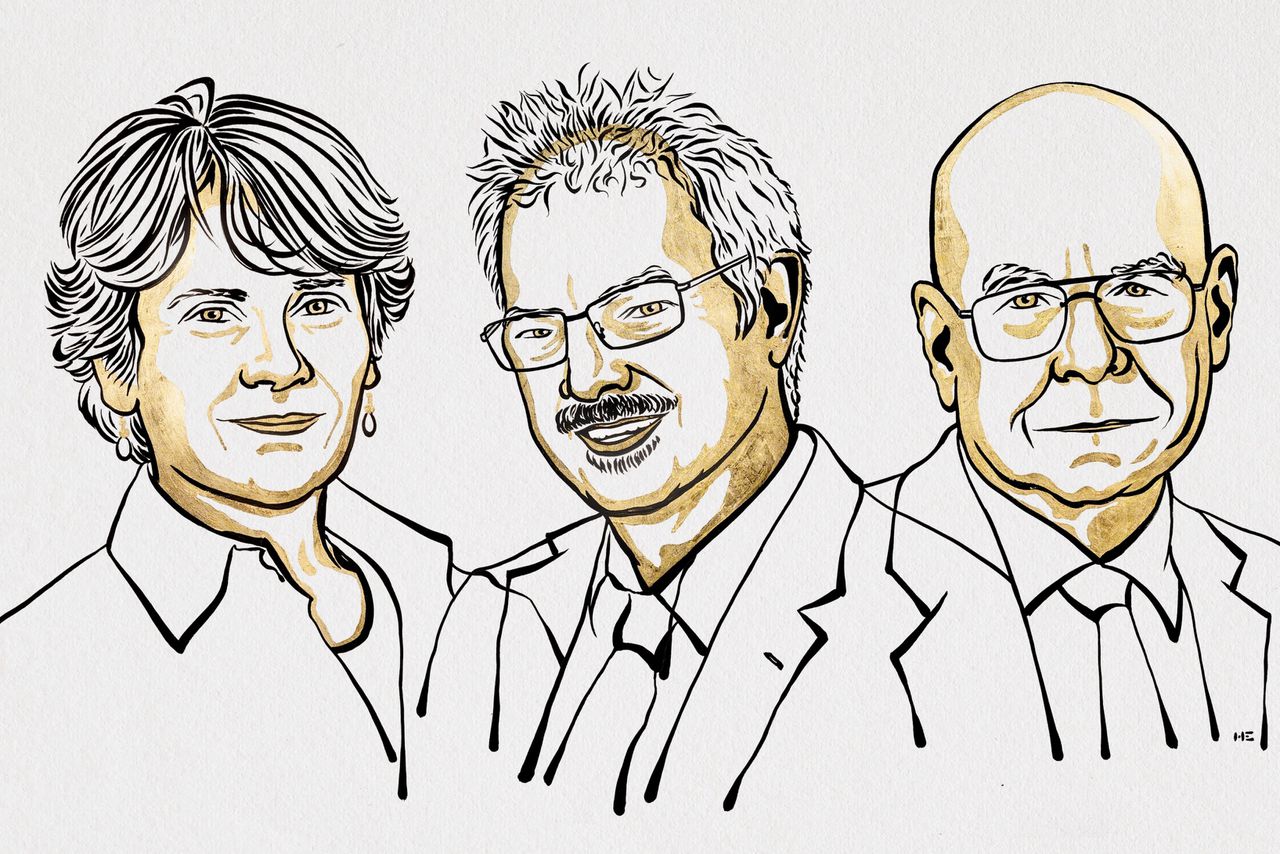 Carolyn R. Bertozzi, Morten Meldal, K. Barry Sharpless, winnaars van de Nobelprijs voor Scheikunde.