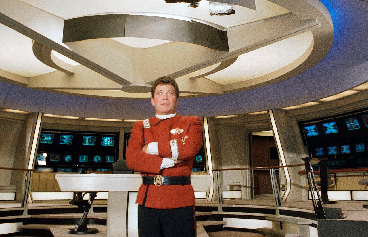 Acteur William Shatner als Captain James T. Kirk in Star Trek V., gemaakt in 1988.