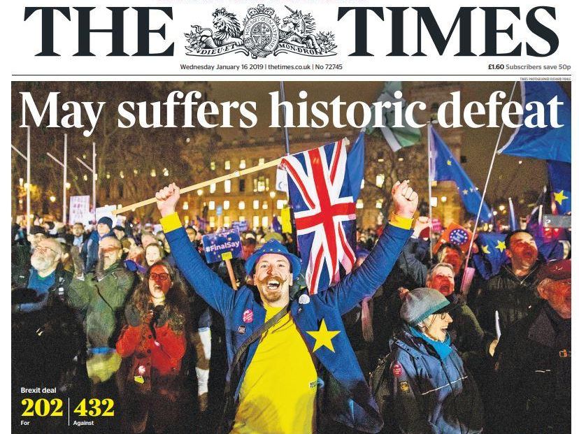 De Britse krant The Times opent woensdag met de "historische nederlaag" van premier May.