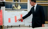 NAVO-secretaris-generaal Mark Rutte toont zijn The Trump Trillion-grafieken tijdens een ontmoeting met de Amerikaanse president Donald Trump in het Witte Huis.
