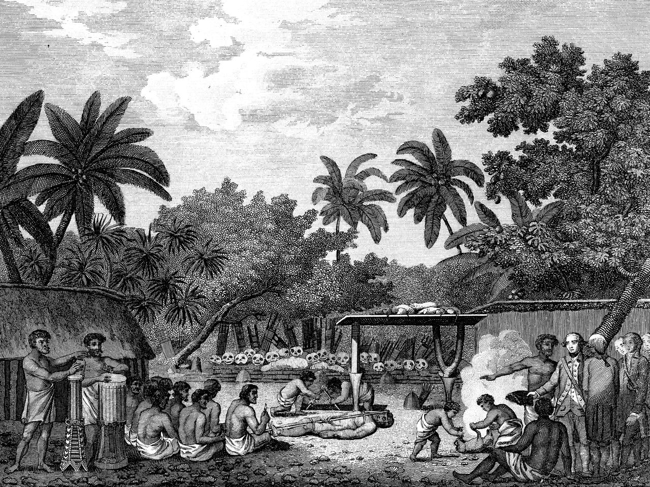In 1773 zag de Britse ontdekkingsreiziger en kaartenmaker James Cook (1728 – 1779) op Tahiti een mensenoffer. De gravure stond in een boek over zijn reizen uit 1815.