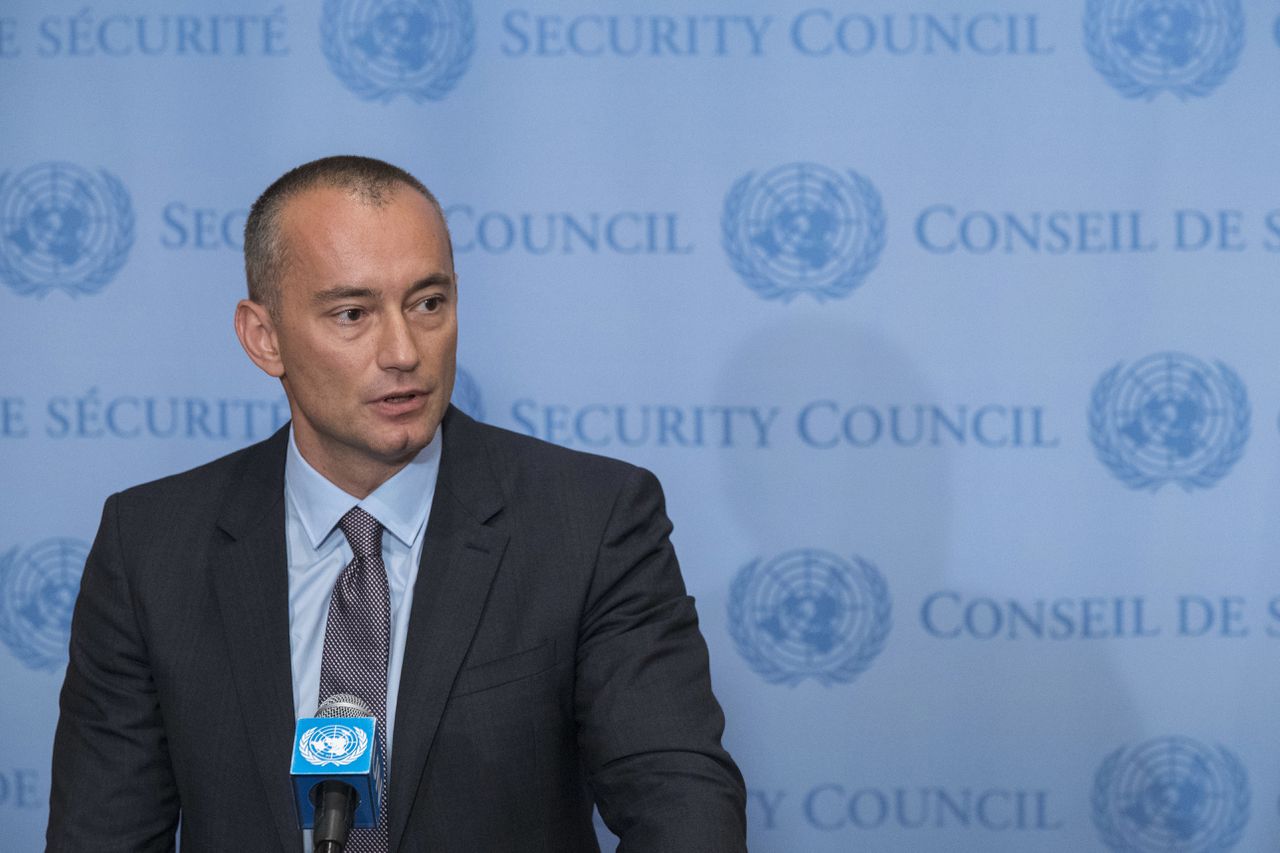 Speciaal gezant van de Verenigde Naties voor het Midden-Oosten Nikolay Mladenov tijdens zijn toespraak maandag.