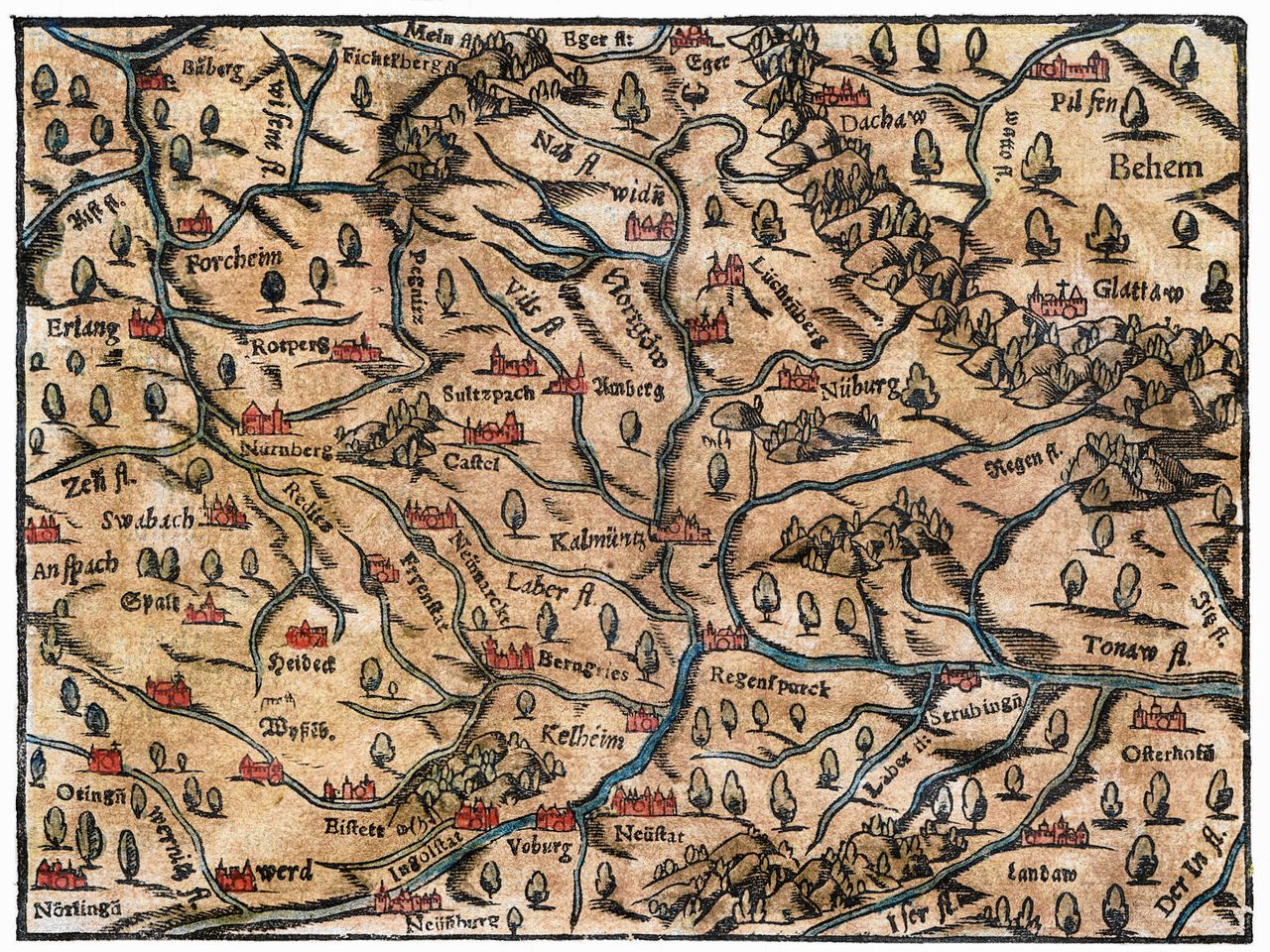 Kaart van Nordgau, een deel van het huidige Beieren, uit Cosmographia van Sebastian Münster (1628).