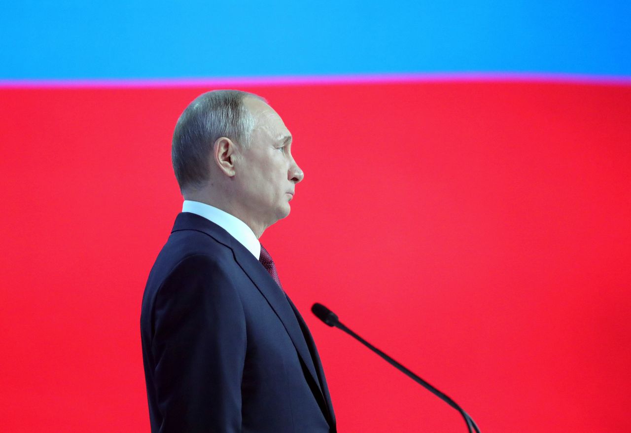 De Russische president Poetin tijdens zijn jaarlijkse speech voor de Doema en de Federatieraad.
