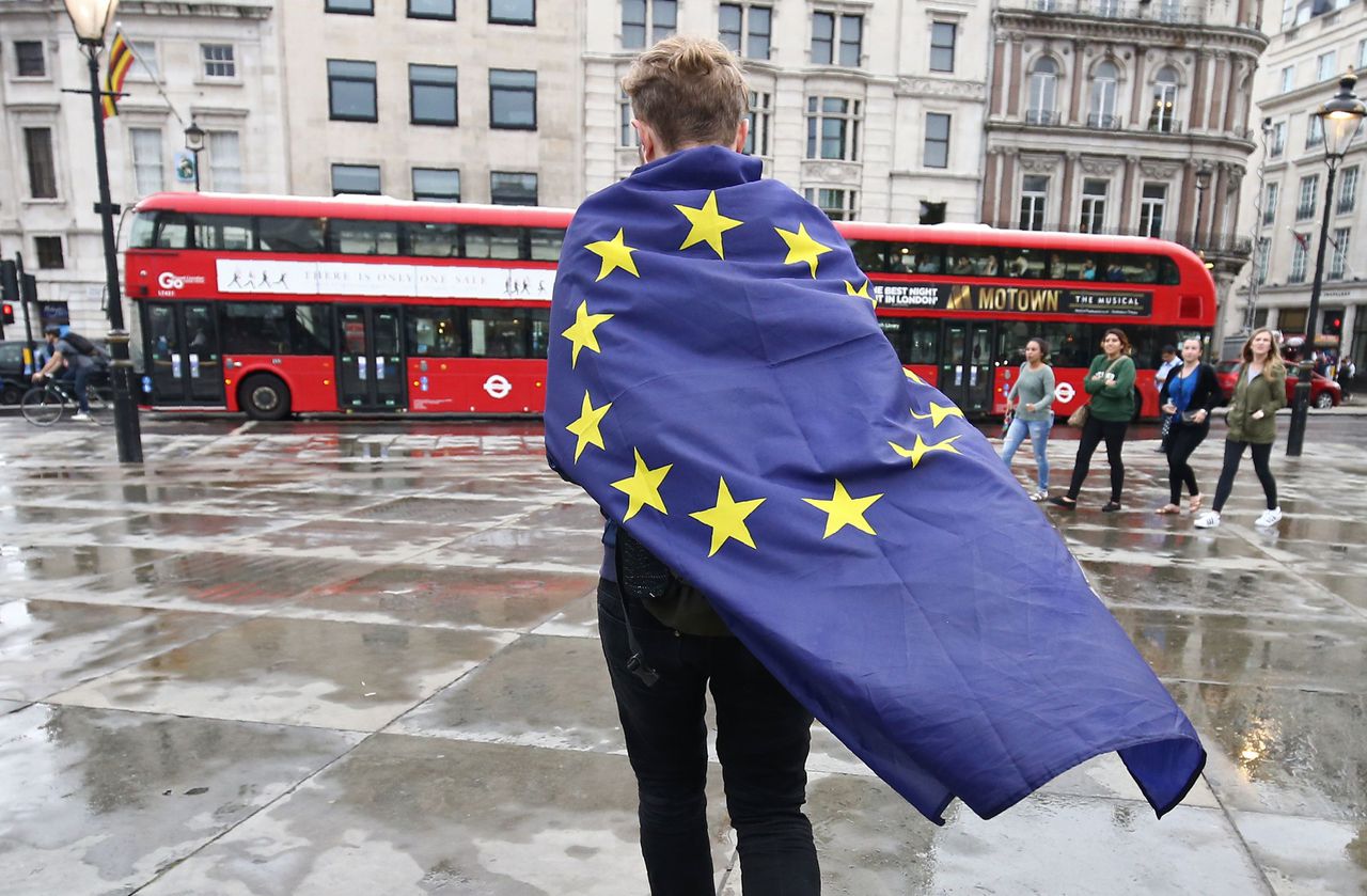 Een demonstrant heeft zichzelf in de Europese vlag gewikkeld in Londen.