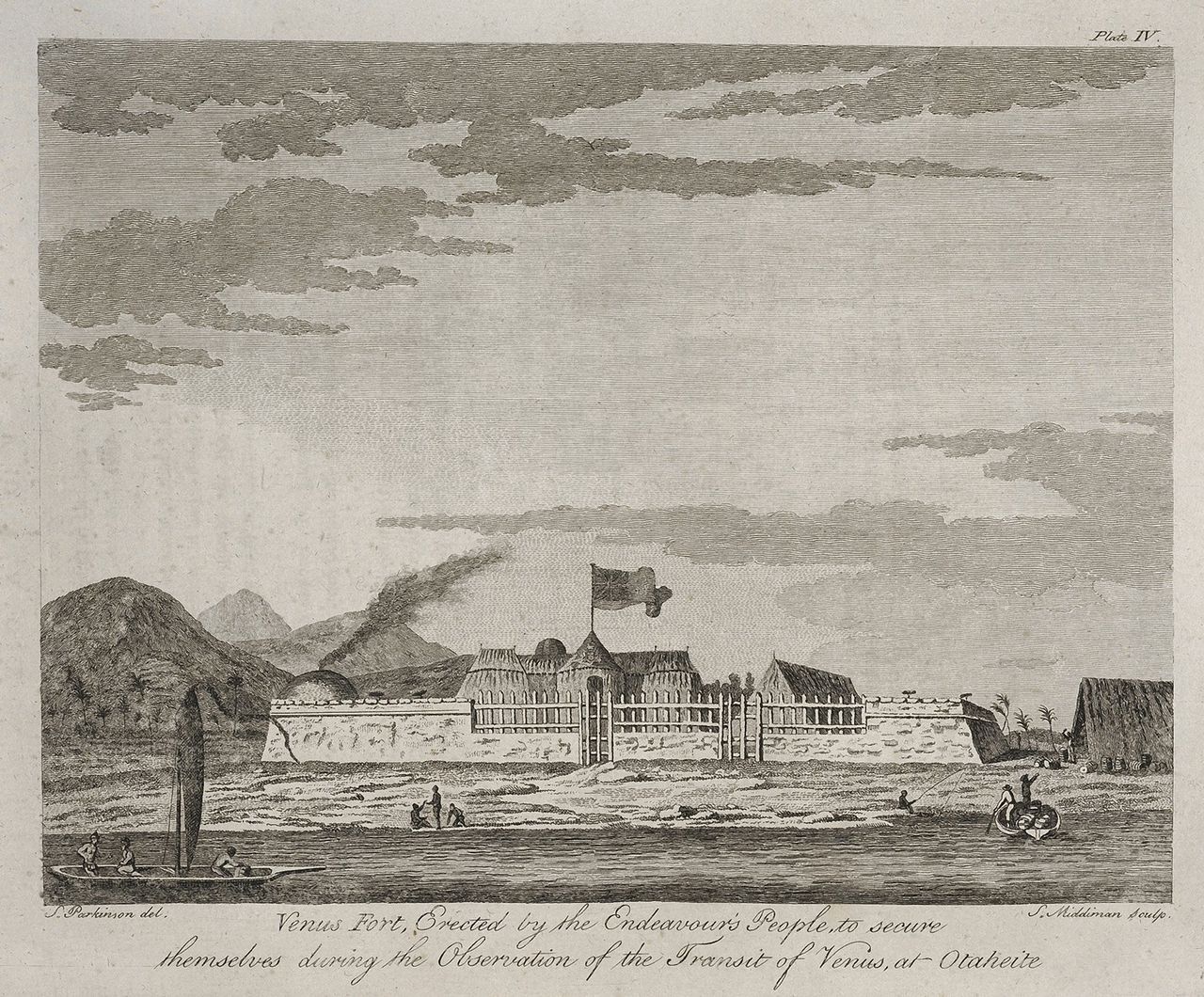 Gravure van Fort Venus op het eiland Tahiti door Sydney Parkinson (1745-1771)