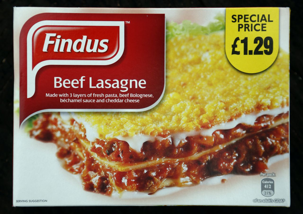 A 320g size box of Findus brand beef lasagne is seen after its purchase from an independent food store in Nunhead, southeast London February 8, 2013. Food manufacturer Findus confirmed on February 7 results of tests carried out by Britain's Food Standards Agency that showed that the company's beef lasagne contained horse meat. Findus, a UK-based frozen food and seafood company which is behind brands including Young's and The Seafood Company, began a recall of its beef lasagne from retailers earlier in the week on advice from its French supplier, Comigel. REUTERS/Chris Helgren (BRITAIN - Tags: AGRICULTURE BUSINESS FOOD SCIENCE TECHNOLOGY)