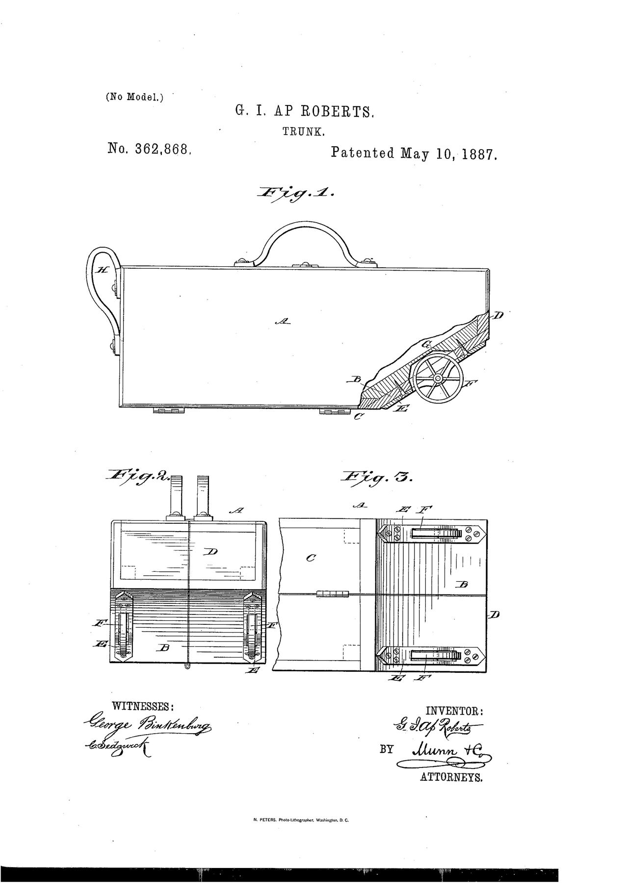 De Amerikaan G.I. Ap Roberts heeft op 10 mei 1887 octrooi gekregen op een koffer met twee wieltjes. Zoals dat bij een octrooiaanvraag hoort, gaat deze gepaard met een uitvoerige beschrijving van de constructie en een paar bouwtekeningen. Een historisch document.