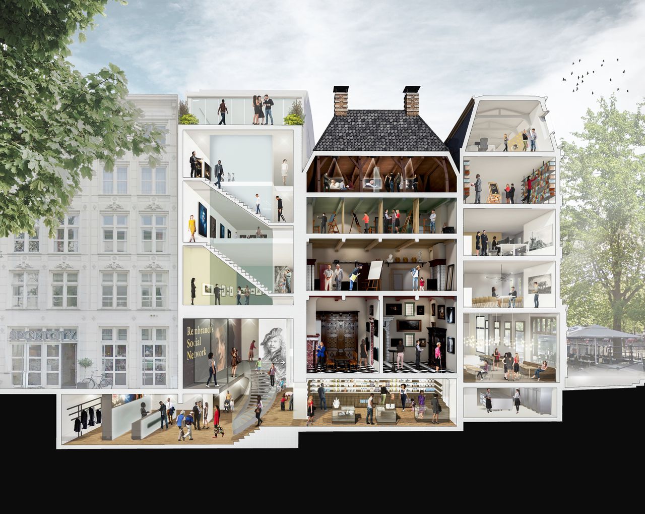 Groter en toegankelijker: opengewerkt plan voor de verbouwing Rembrandthuis aan de Jodenbreestraat in Amsterdam, naar ontwerp architect Janneke Bierman.