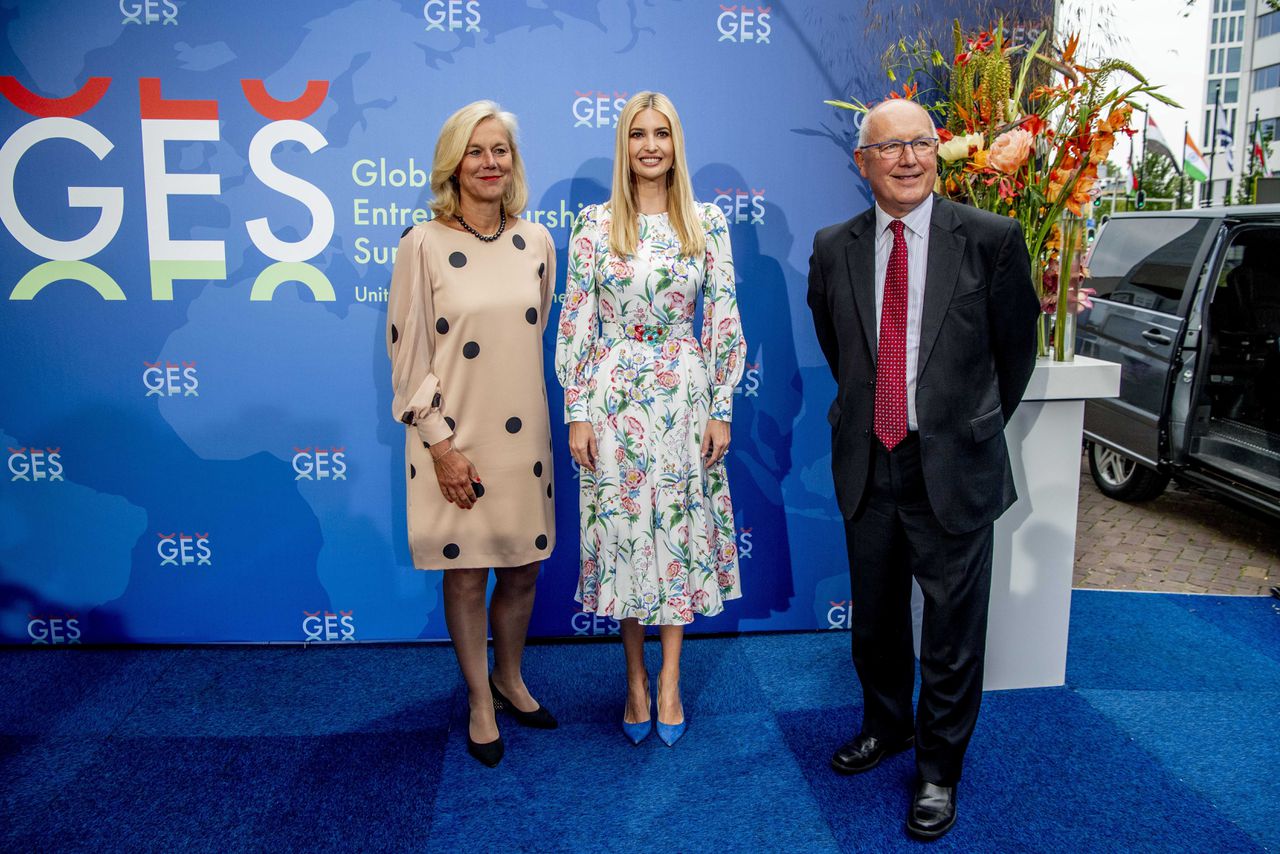 Minister Sigrid Kaag, Ivanka Trump en VS-ambassadeur Pete Hoekstra bij het World Forum voor GES2019.