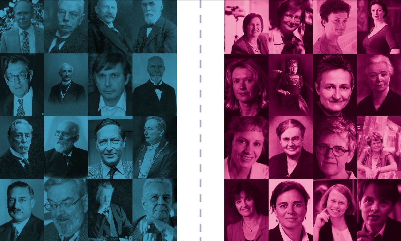 Links de pagina met enkel mannelijke wetenschappers uit het rapport Wetenschapsvisie 2025. Rechts de bewerking met enkel vrouwelijke wetenschappers, allemaal winnaars van de Spinozaprijs - de hoogste wetenschappelijke onderscheiding in Nederland.