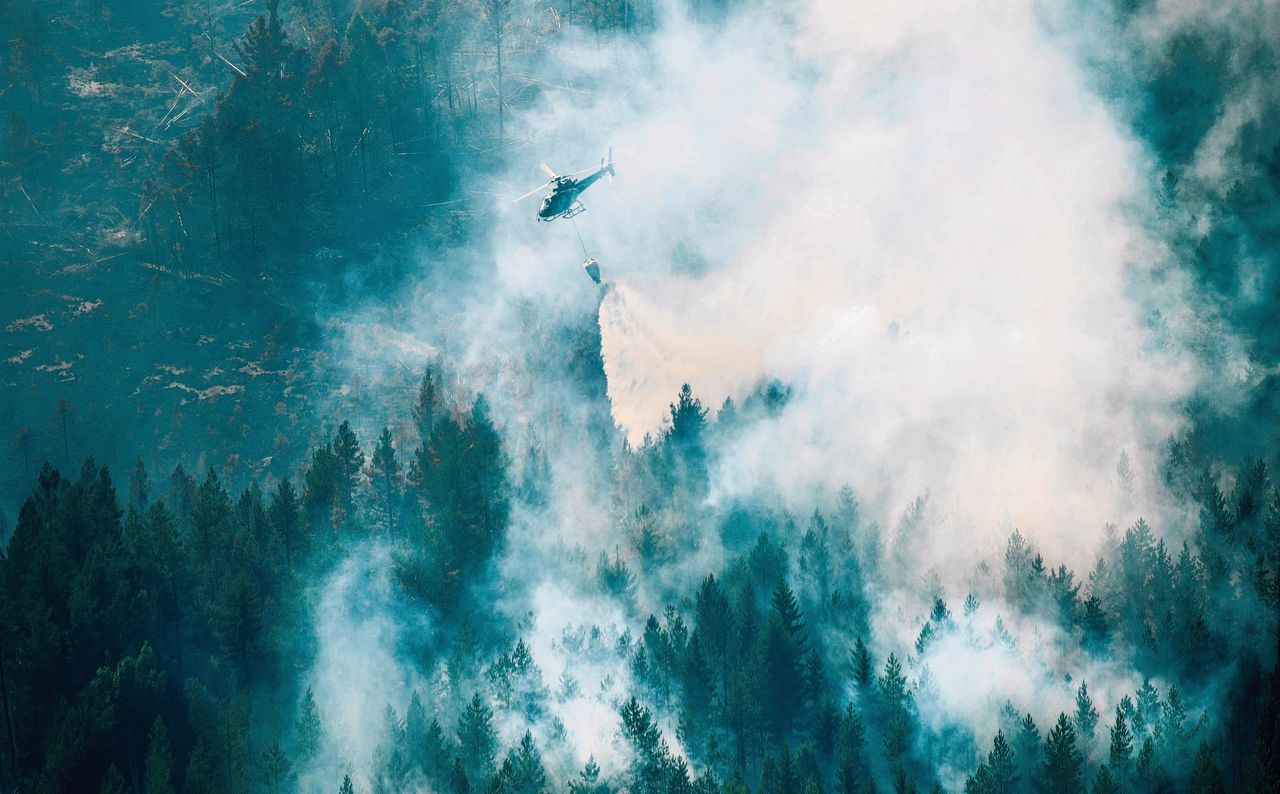 Met een blushelikopter probeert de Zweedse brandweer de grote bosbranden, die op minstens 50 plekken zijn uitgebroken, te doven.